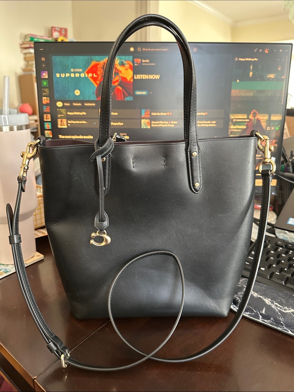 Coach crossbody shopper tote black leather